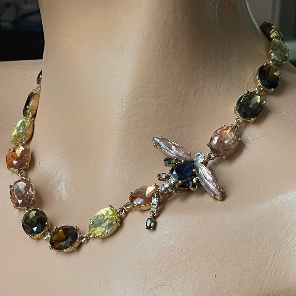 Vintage Ann Taylor Dragonfly Necklace Gold Tone Multi Facet Jewel Tone Statement - Picture 2 of 8